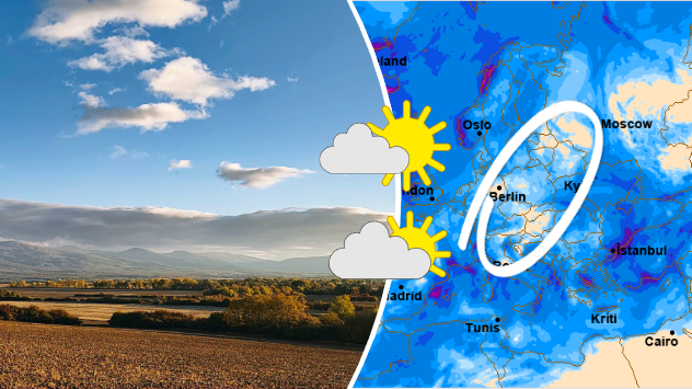 Rozdelená grafika s pokojnou jesennou krajinou a slnečnými úsekmi naľavo a mapou očakávaných zrážok v Európe napravo, kde biely ovál zvýrazňuje strednú Európu.