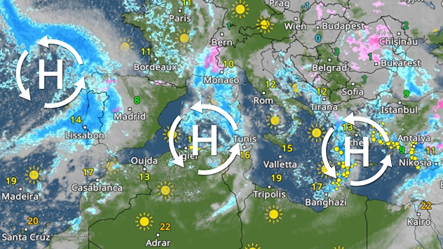 Радар погоди показує Середземне море з деякими опадами. На карті позначено три області низького тиску.