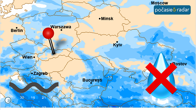 Mapa zrážok v strednej a východnej Európe s naznačeným postupom vlhkosti, pričom výraznejšie zrážky Slovensko zasiahnu len okrajovo.