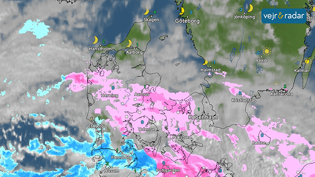 VejrRadaren viser sne flere steder i landet mandag morgen.