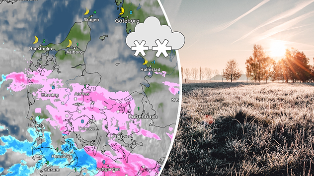 Splitbillede. Til venstre VejrRadaren der viser sne flere steder mandag morgen. Til venstre et frostfyldt billede en vintermorgen.