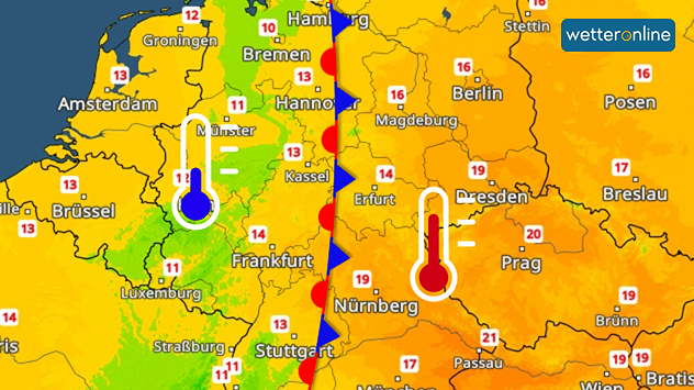 TemperaturRadar für Deutschland zeigt eine Wetterfront mitten durchs Land mit kalter Luft im Westen und warmer im Osten.