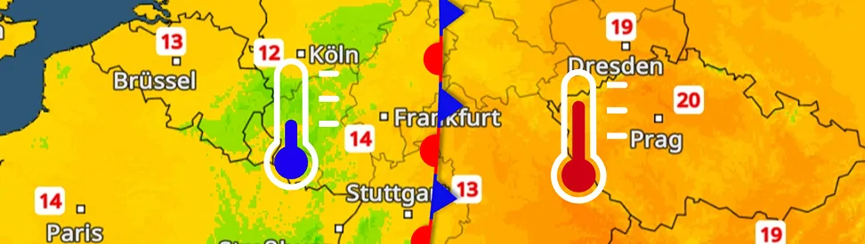 TemperaturRadar für Deutschland zeigt eine Wetterfront mitten durchs Land mit kalter Luft im Westen und warmer im Osten.