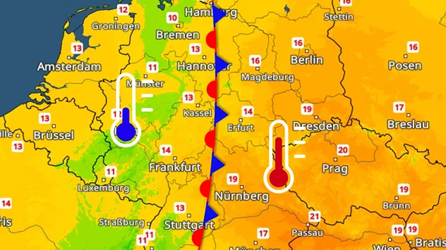 TemperaturRadar für Deutschland zeigt eine Wetterfront mitten durchs Land mit kalter Luft im Westen und warmer im Osten.