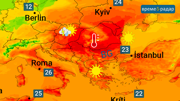 Температурна катта показваща рязкото затопляна на Балканския полуостров след 6-ти май. 