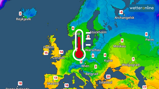 Das TemperaturRadar zeigt am Donnerstag nur noch im nördlichen Skandinavien und dem Baltikum &quot;frostige&quot; (blaue) Farben. 