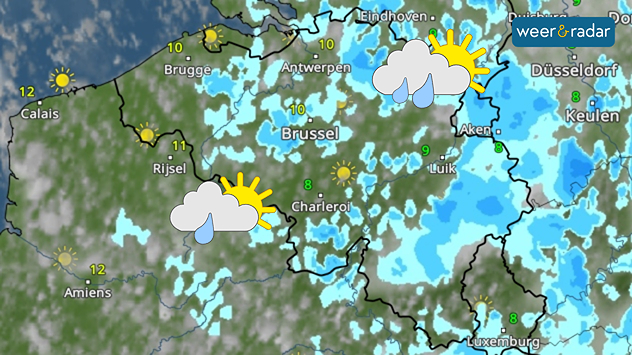 De WeerRadar toont veel buien, zeker in de noordoostelijke helft van het land. Daar staat een symbool met zon, wolk en twee druppels ingetekend. In de zuidwestelijke helft zijn iets minder buien, daarom een symbool met een druppel minder.