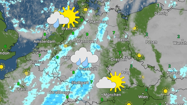 WetterRadar-Karte für den 1. Advent mit Regenzonen, Wolken und sonnigen Abschnitten. Temperaturen zwischen etwa 2 und 9 Grad.