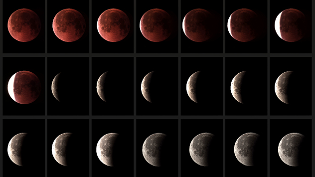 Series of photographs showing the different phases of a lunar eclipse. The moon changes from reddish and darkened to brightly lit.