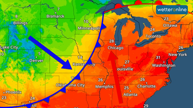 Temperaturkarte der USA mit eingezeichneter Kaltfront. Kühle Luft aus dem Westen trifft auf heiße und feuchte Golfluft im Osten und Süden der USA.
