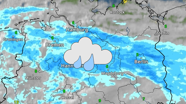 Wetterkarte mit Regengebieten über Nord- und Mitteldeutschland, Schwerpunkt zwischen Hamburg und Berlin.