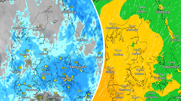 VejrRadar og VindRadar over Danmark med kraftig regn, lokale tordenbyger og blæsende vejr.