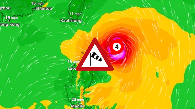 WindRadar showing Typhoon MEKKHALA east of Taiwan. A clearly visible eye, surrounded by areas of extremely high wind speeds.