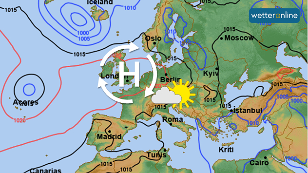 Wetterkarte für kommende Woche: Ein Hoch bringt freundliches Wetter.