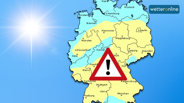 Deutschlandkarte mit gelb und blau markierten Regionen; in der Mitte ein Warnsymbol, das auf erhöhte Ozonwerte hinweist.
