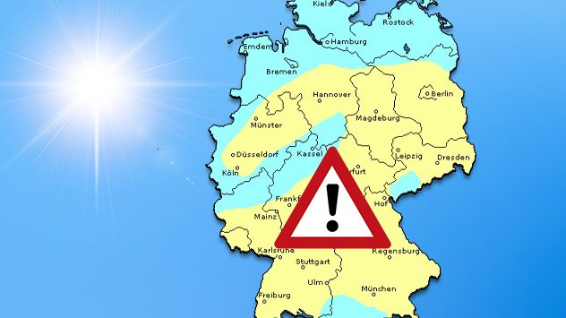Deutschlandkarte mit gelb und blau markierten Regionen; in der Mitte ein Warnsymbol, das auf erhöhte Ozonwerte hinweist (c) Gergitek/shutterstock.com