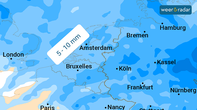 De regensommenkaart voor de komende twee weken toont in totaal maar 5 tot 10 mm neerslag. Het bljft dus relatief droog.