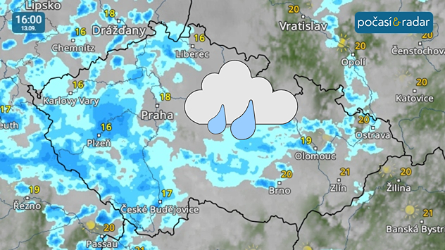Meteoradar, screenshot, 13. září 16:00: V neděli bude nad Českem převažovat velká oblačnost, kterou místy doprovodí i déšť. 