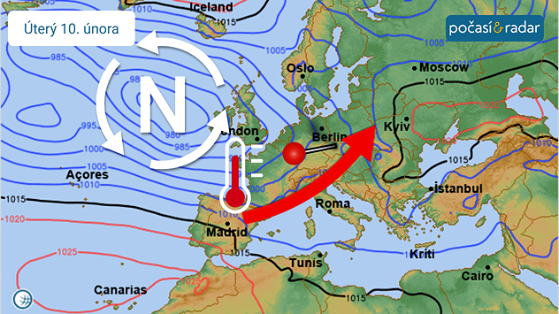 Synoptická situace nad Evropou, úterý 10. února: České počasí začíná od západu ovlivňovat rozsáhlá oblast nízkého tlaku vzduchu, kolem níž k nám bude proudit teplý vzduch od jihozápadu.