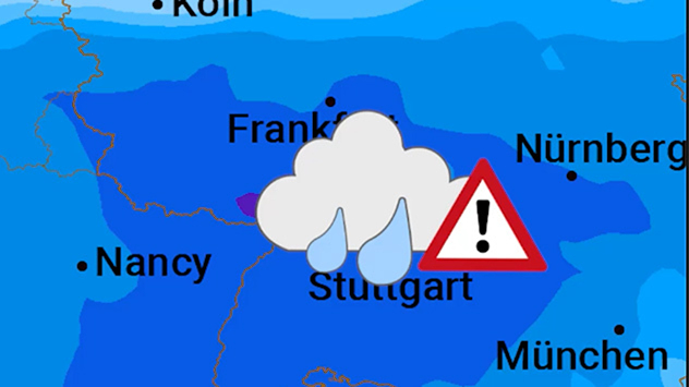 Wetterkarte mit Regenwarnung: In Südwestdeutschland, besonders um Stuttgart, zeigt eine Regenwolke mit Warnsymbol starke Niederschläge an – umgeben von blauen Farbtönen.