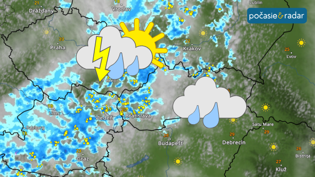 Mapa strednej Európy s oblačnosťou, zrážkami a búrkami najmä v okolí Álp, Rakúska, Česka a západného Slovenska