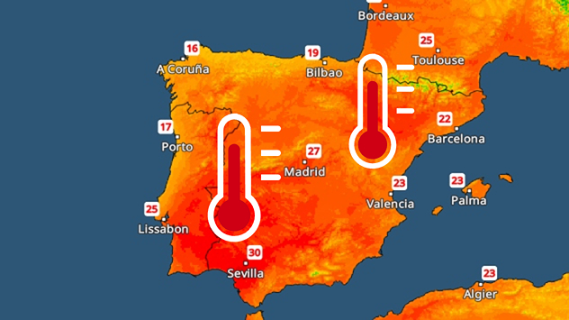 Teplotní mapa jižní Evropy s nejvyššími teplotami vyznačenými červeně pro několik měst ve Španělsku, Portugalsku a Francii.