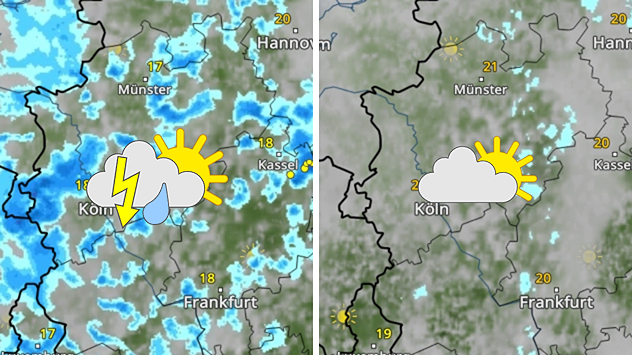 Links die WetterRadar-Vorhersage für Samstag und rechts für Sonntag.