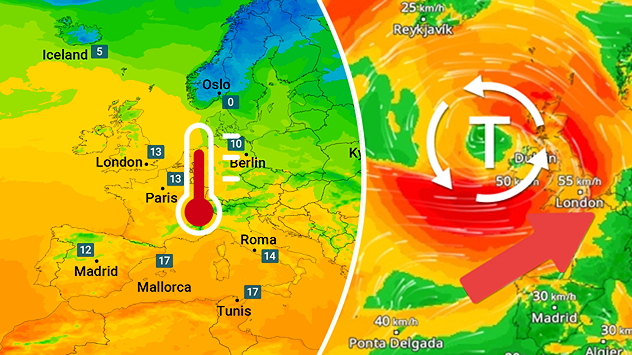 Temperaturkarte mit Höchstwerten Anfang nächster Woche und WindRadar mit Sturmtief über dem Atlantik, dass milde Luft nach Europa lenkt