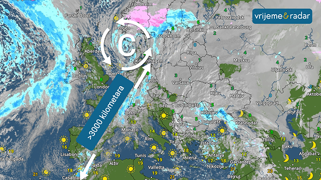 Spirala niskog tlaka s opsežnim pojasom kiše može se vidjeti na meteorološkom radaru u nedjelju.
