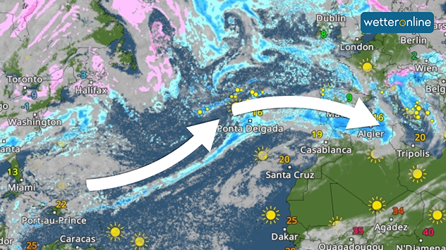 WetterRadarbild mit Pfeilen, die die Richtung des atmosphärischen Flusses angeben.