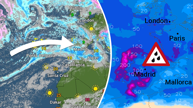 Zweiteilige Wettergrafik für Europa: Links eine Wetterkarte mit einer Pfeilmarkierung, die feuchte Luftmassen vom Atlantik Richtung Iberische Halbinsel zeigt. Rechts eine farbige Niederschlagskarte mit Schwerpunkt über Spanien mit hohen Regenmengen in Pink- und Violetttönen.