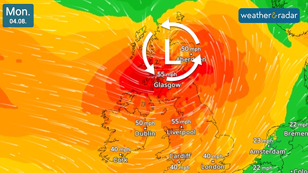 Wind map showing gales over the UK and Ireland, strongest in Scotland, in a forecast for Storm Floris.