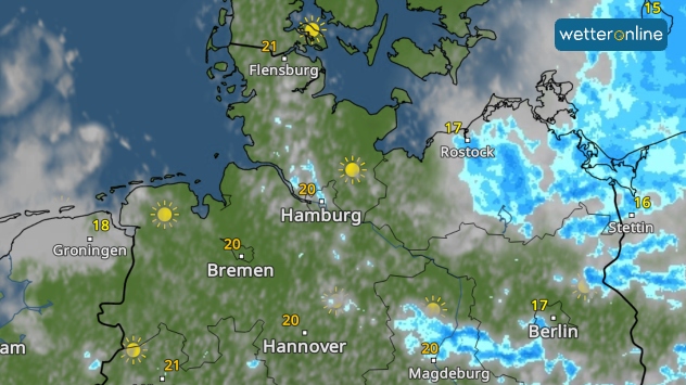 Das WetterRadar zeigt am späten Nachmittag sonniges Wetter an der Nordsee und viele Wolken mit Schauern an der Ostsee.