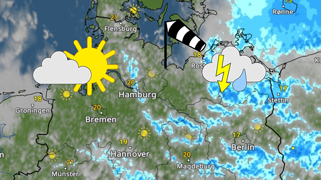 Das WetterRadar zeigt am späten Nachmittag sonniges Wetter an der Nordsee und viele Wolken mit Schauern an der Ostsee.