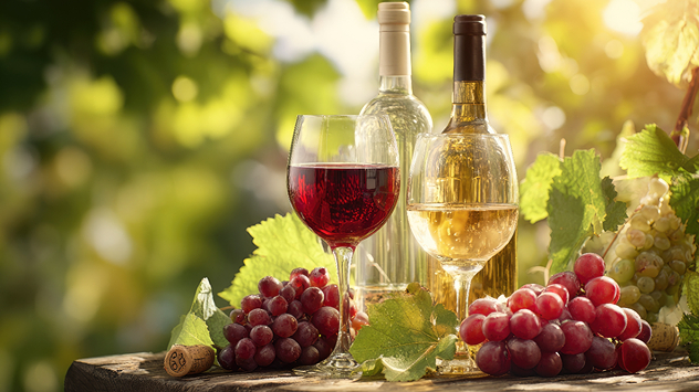 Zwei Weingläser mit Rot- und Weißwein sowie passende Weinflaschen stehen mit frischen Trauben auf einem rustikalen Holztisch im Weinberg bei Sonnenlicht.