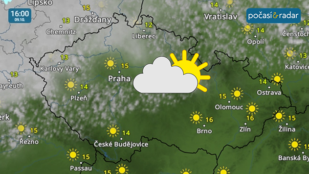 Meteoradar, screenshot, 9. října 16:00: V pátek bude od severozápadu docházet k pozvolnému přibývání oblačnosti.