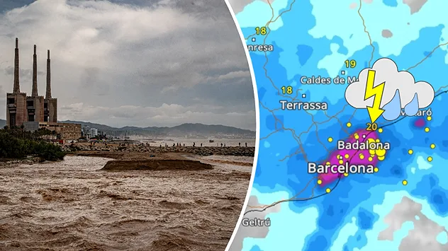 Unwetter bei Barcelona neben einer WetterRadar-Karte mit kräftigem Regen und Gewittern.