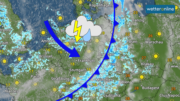 Wetterkarte für Mitteleuropa mit einer markanten Kaltfront, die sich von der Ostsee über Ostdeutschland bis nach Süddeutschland erstreckt. Die Front ist als blaue Linie mit Dreiecken eingezeichnet. Über Nordwestdeutschland zeigt ein großes Gewittersymbol mit Blitz die Gefahr von Gewittern zwischen Bremen, Hannover und Frankfurt an. Hinter der Front lockern die Wolken über Benelux und Westdeutschland teilweise auf. Entlang und östlich der Front treten zahlreiche Niederschlagsgebiete auf, die sich von Deutschland über Tschechien bis nach Österreich erstrecken. Die Temperaturen liegen in Deutschland meist zwischen 16 und 19 Grad, während östlich der Front in Polen, Ungarn und Rumänien deutlich wärmere Werte von etwa 23 bis 28 Grad erreicht werden.