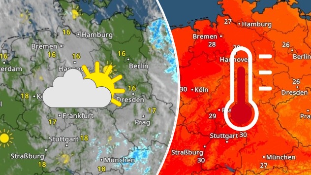WetterRadar von Montagmorgen und TemperaturRadar für Dienstag
