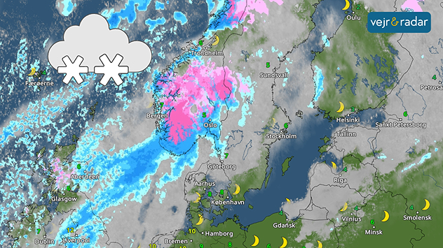 Vejrradar over Skandinavien med kraftig sne i Norge og regn i dele af Storbritannien.