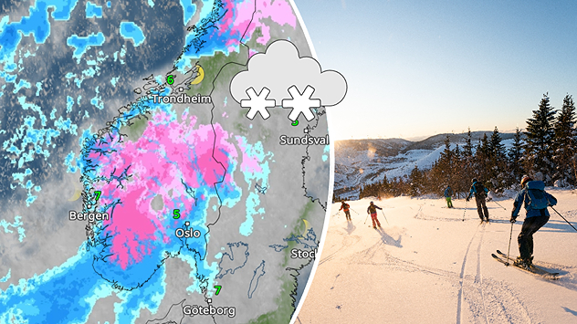Vejrradar over Norge med kraftigt snefald kombineret med foto af skiløbere i sneklædt bjerglandskab.