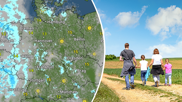 Links das WetterRadar für Deutschland, rechts eine Familie beim Wandern.