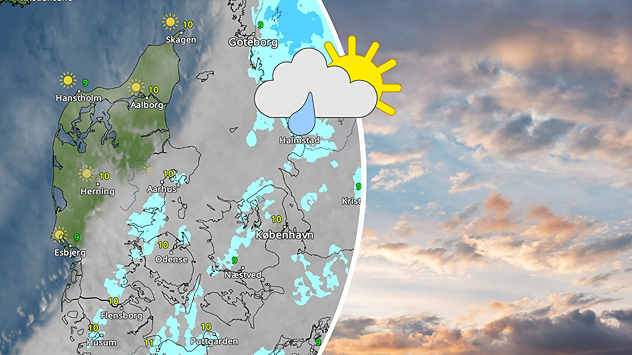 VejrRadar over Danmark med spredte byger i øst og sol i vest kombineret med grafisk vejrikon og himmelbaggrund.
