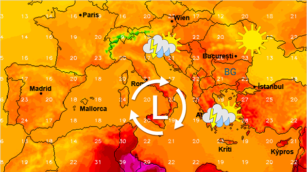 Метеокартата показва температурите над южна Европа към 9 май. Циклон над Италия ще носи нестабилно време над западните Балкани. Над България ще се затопля след 4 май, а около 10 май ще има условия за локални бури