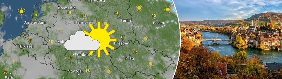 Links das WetterRadar für Deutschland, rechts ein Städtchen im Herbst.
