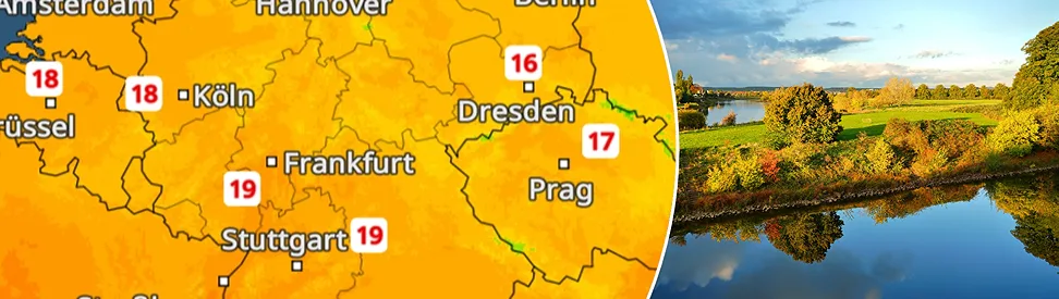 Links zeigt das TemperaturRadar Höchstwerte zwischen 15 und 20 Grad in Deutschland. Rechts ist eine herbstliche Landschaft mit bunten Bäumen, grünen Wiesen und einem Gewässer im Sonnenschein zu sehen.