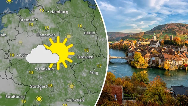 Links das WetterRadar für Deutschland, rechts ein Städtchen im Herbst.