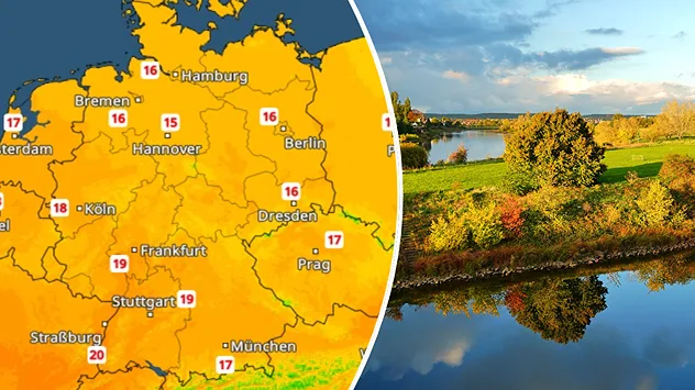 Links zeigt das TemperaturRadar Höchstwerte zwischen 15 und 20 Grad in Deutschland. Rechts ist eine herbstliche Landschaft mit bunten Bäumen, grünen Wiesen und einem Gewässer im Sonnenschein zu sehen.