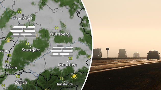 Links zeigt das WetterRadar Nebelfelder unter anderem bei Frankfurt und München. Rechts fahren mehrere Autos bei tief stehender Sonne durch dichten Nebel.
