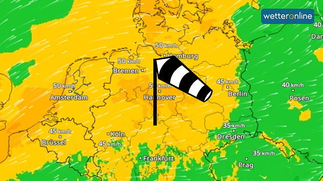 Windradar mit Böen um 50 km/h in der Nordhälfte Deutschlands. 